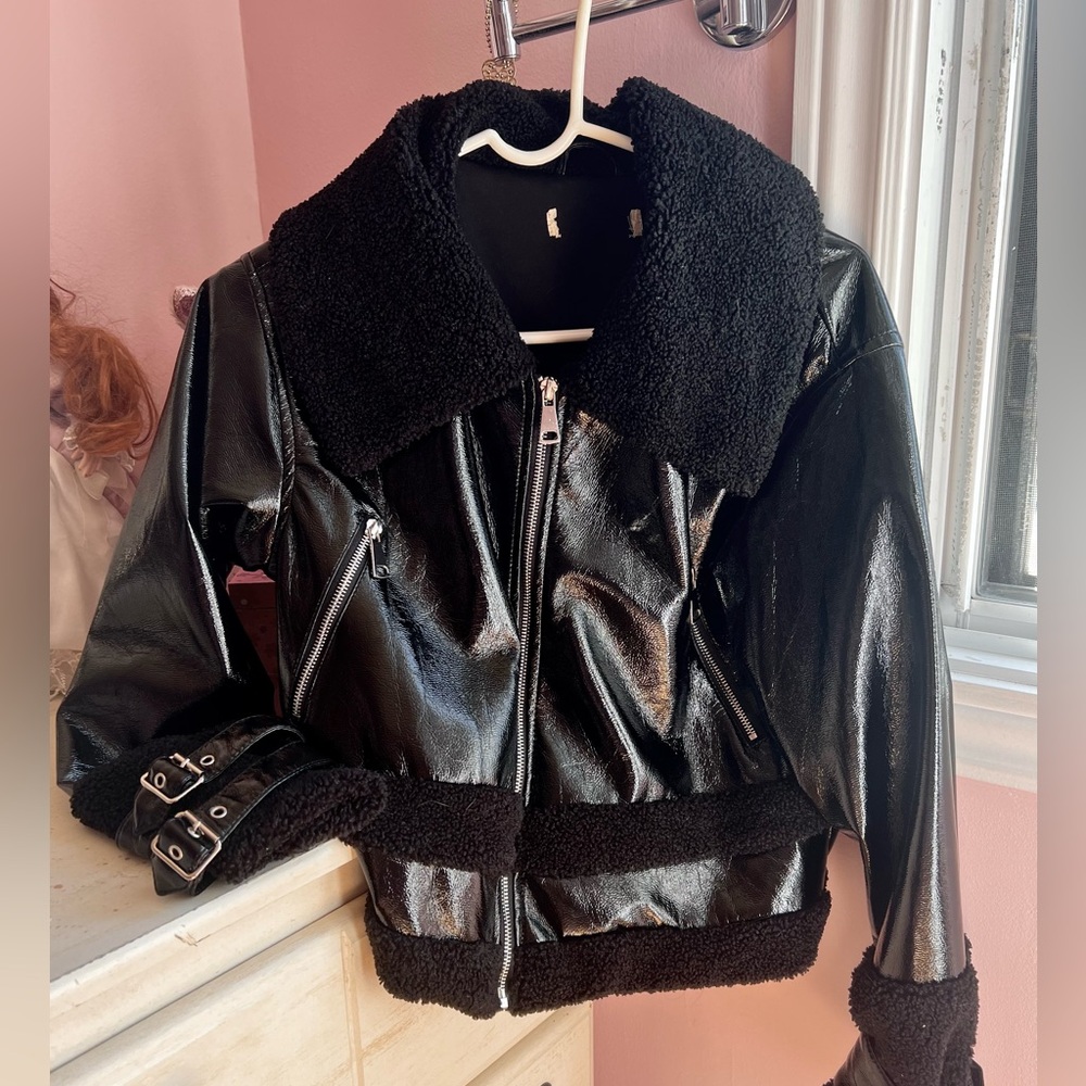 Black oversized patent leather jacket